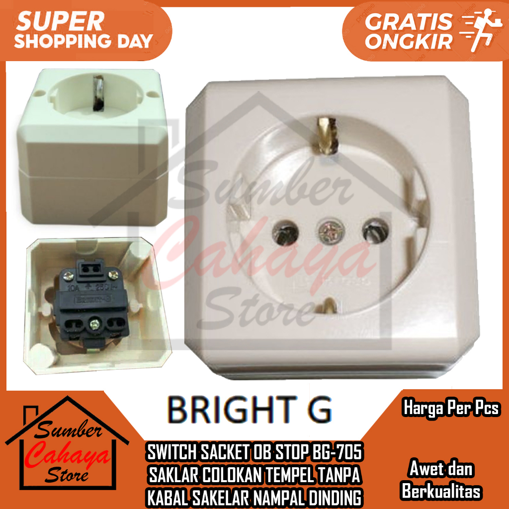 SWITCH SACKET OB STOP BG-705 SAKLAR COLOKAN TEMPEL TANPA KABAL LUAR TEMBOK SAKELAR NAMPAL MELEKAT LE
