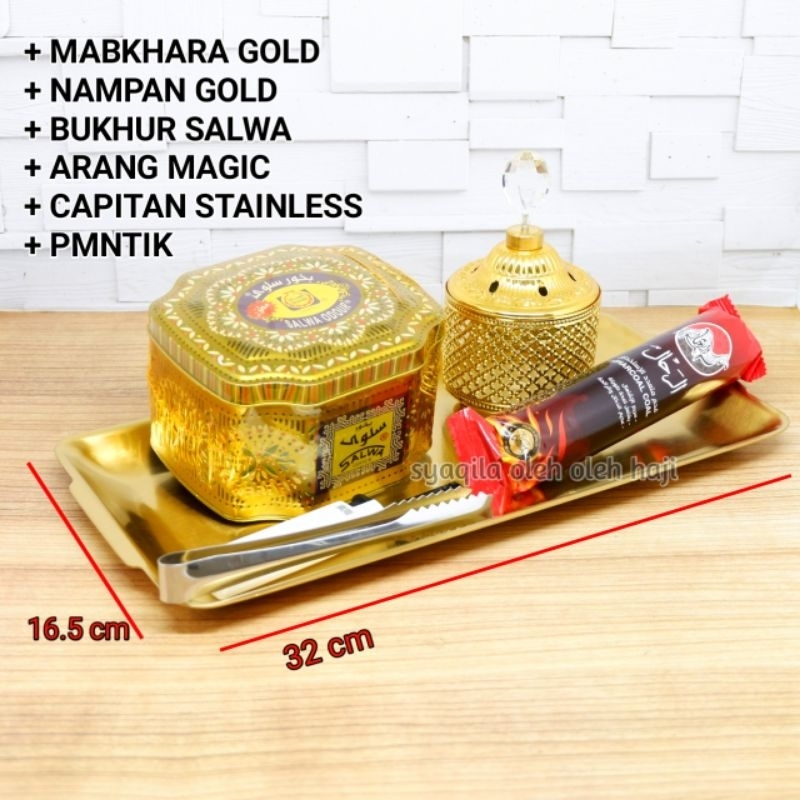 1 Set Tempat Bakaran Dupa Bukhur Mabkhara Gold Nampan Capitan Arang