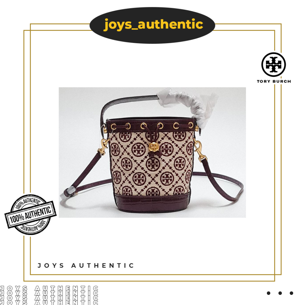 Tas Wanita Tory Burch TB T Monogram Chenille Mini Bucket Claret New Cream Woman Bag Authentic Origin