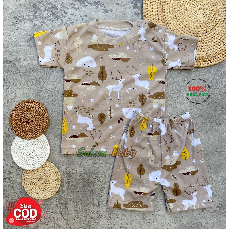 Setelan Baju Bayi Piyama Bayi Lengan Pendek Kancing Pundak Motif Printing Rusa Usia 3-12 Anababy