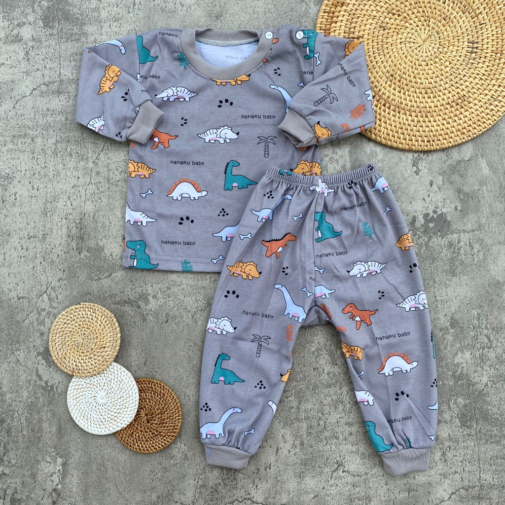 Setelan Baju Bayi Piyama Bayi Lengan Panjang Motif Printing Dino Usia 3-12 Bulan Anababy