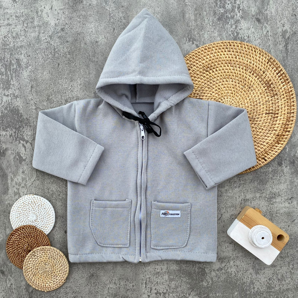 Jaket Bayi Hoodie Polos Saku Depan Bahan Katun Fleece Usia 3-15 Bulan Almeera Baby and Kids