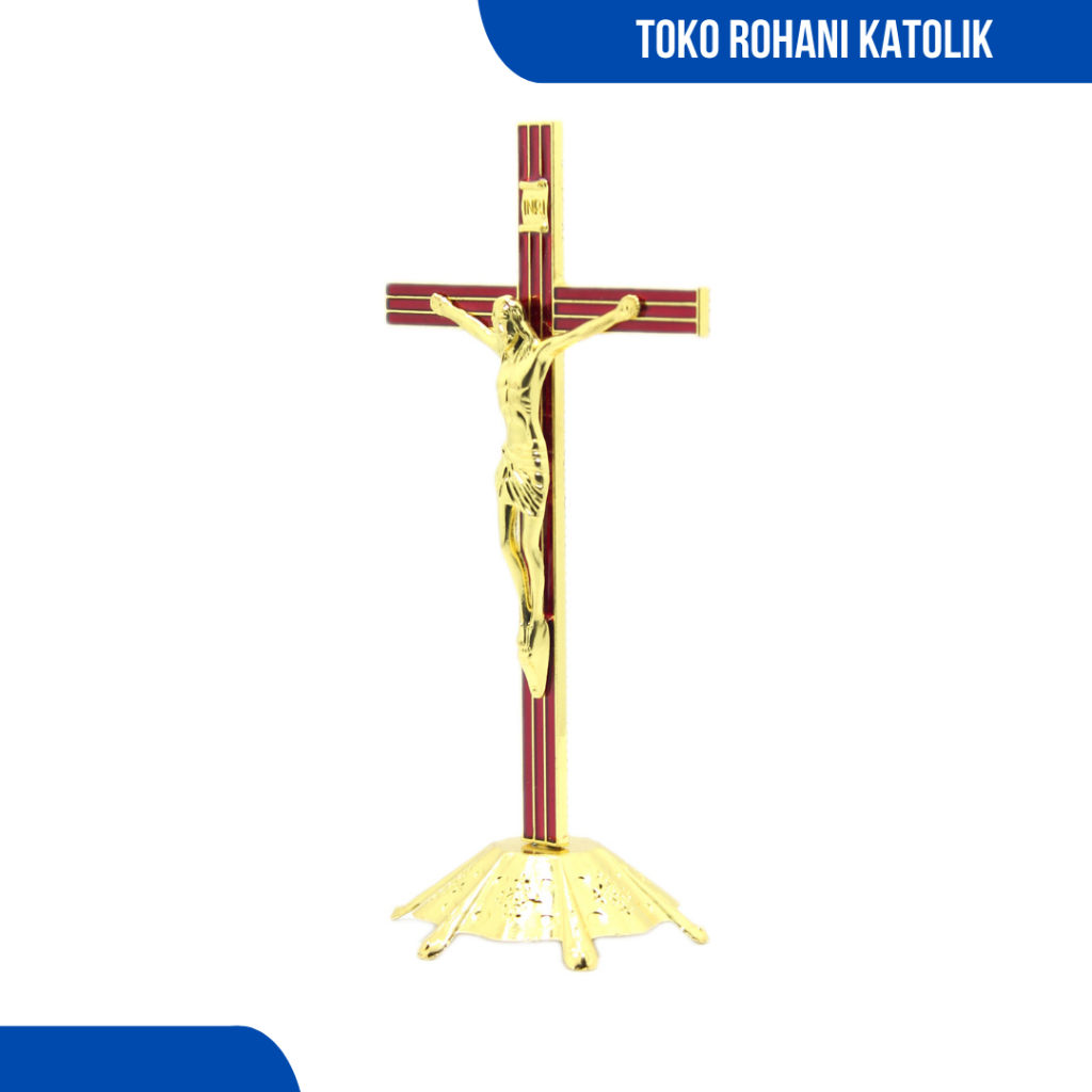 SALIB DUDUK KATOLIK (GOLD) / SALIB MEJA / SALIB ALTAR KATOLIK / SALIB LOGAM KATOLIK