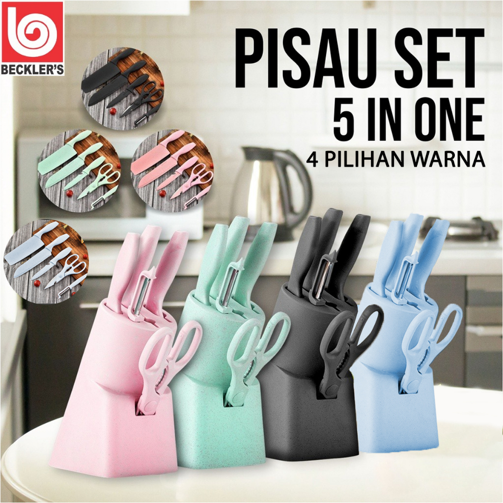 Pisau Set 5 in 1 Dengan Wadah / Pisau Set Stainless anti lengket 5 in 1 Keramik / Set 5 in 1 Keramik