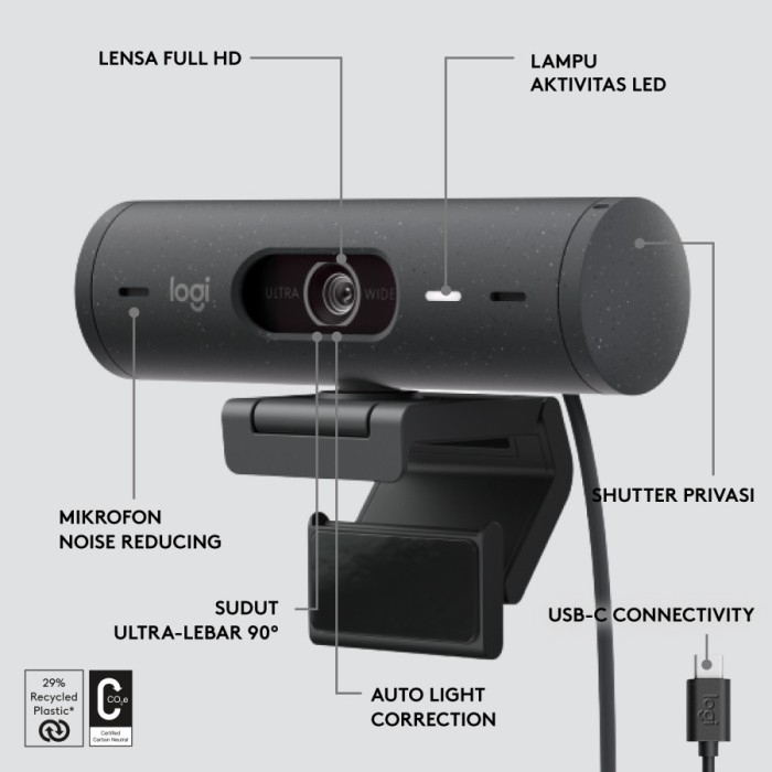 Logitech Brio 500 Webcam FHD HDR 1080P Mikrofon Noise-Cancelling