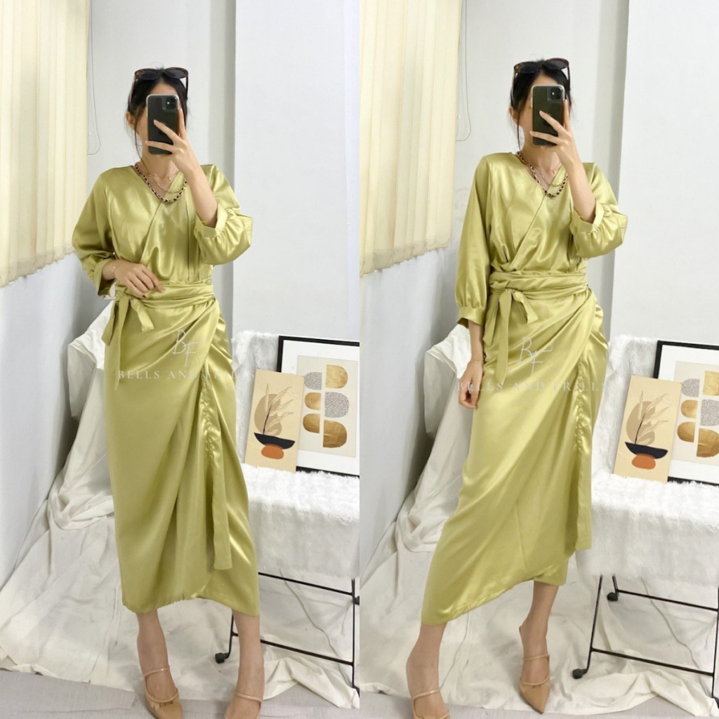 NAURA One Set Rok Lilit Satin + Kimono Blouse / Set Satin Wrap Skirt Kondangan