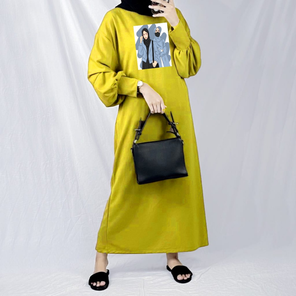 Gamis Fashion Muslim Hijab Biru/Dress Lengan Balon