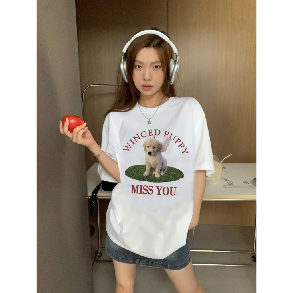 EUNII T-shirt Lengan Pendek Cartoon Winged Puppy Dog Korean Style/Kaos Atasan Wanita/Baju Kaus Oversize Wanita/Kaos Wanita