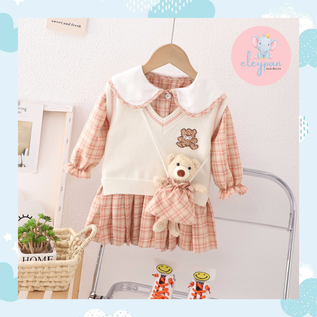 Mini Dress 3in1 Anak Perempuan Import Korean Style Setelan Rompi Rajut Kemeja Vest Baju Anak Cewek