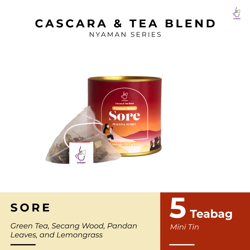 

Netisane Sore (Green Tea, Secang Wood, Pandan Leaves, dan Lemongrass) | Netisane Cascara Blend Nyaman Series | Artisan Tea / Teh Herbal | (Mini Tin Can)