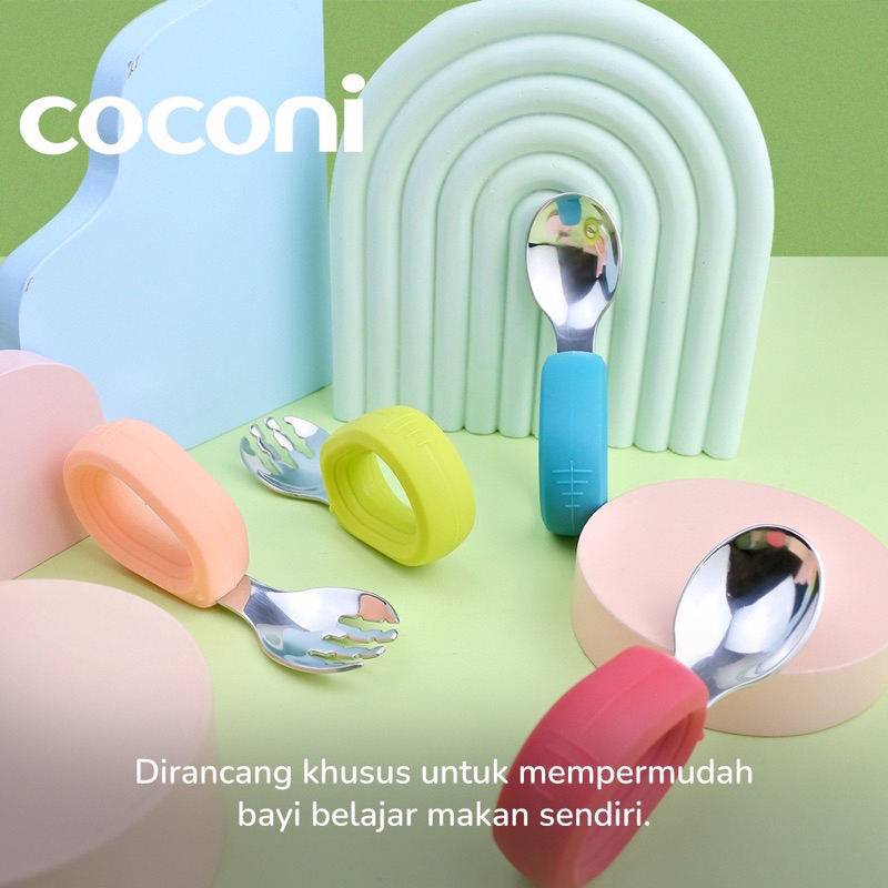 Coconi Eazy Grip Fork &amp; Spoon Stainless / Sendok Garpu Bayi Belajar Makan