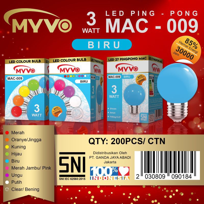 LAMPU LED WARNA WARNI PING PONG MERK MYVO 3 WATT/ LAMPU HIAS PING PONG BAGUS BERKUALITAS