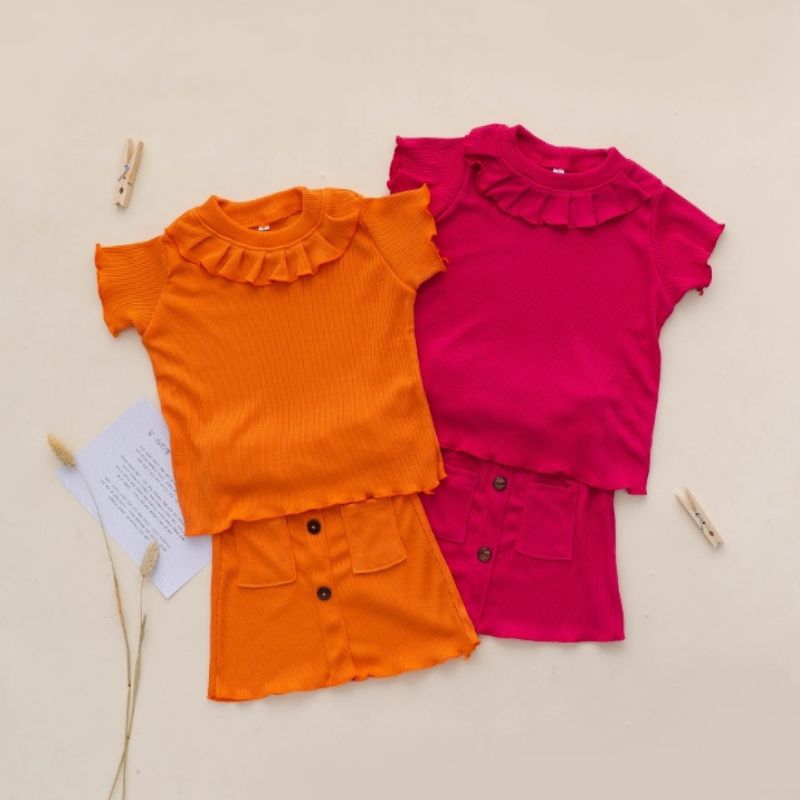 Baju Setelan Rok Anak Perempuan Rempel Raisa Ruffle Knit Tee Rib Usia 1-5 Tahun Rib Knit