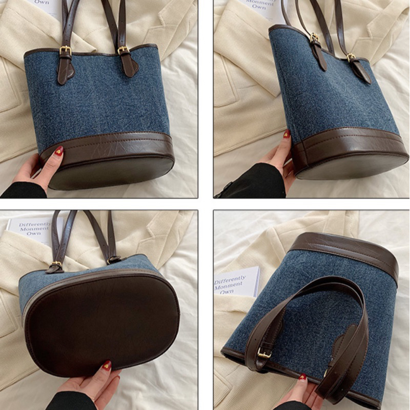 Tas Wanita Tas Denim Tas Ember Kapasitas Besar Tas Selempang Bahu Tote bag