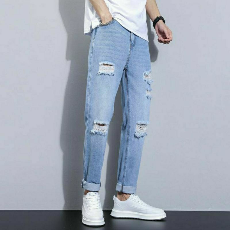 CELANA SOBEK PRIA RIPPED JEANS STANDAR BASIC REGULER ROBEK 27-38