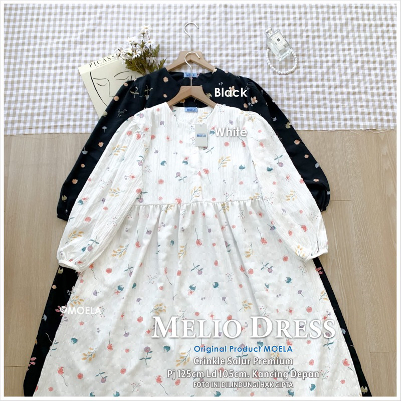 MELIO DRESS ORI MOELA / MIDI DRESS HITAM PUTIH MOTIF BUNGA KECIL
