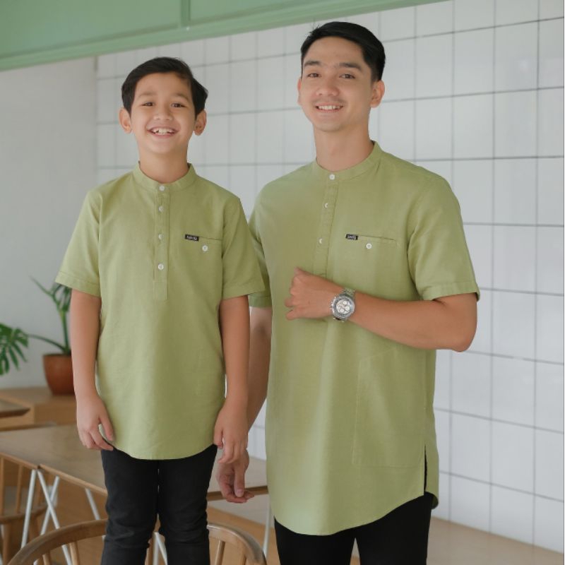 Baju Koko Warna Sage Ayah Dan Anak/Baju Kemko Couple Warna Sage