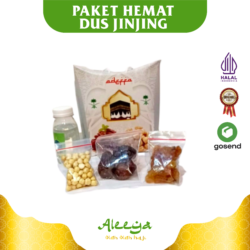 

PAKET SUPER HEMAT Oleh Oleh Haji dan Umroh Dus Jinjing isi Air Zam Zam ,botol 80ml Kurma Kismis Kacang Arab