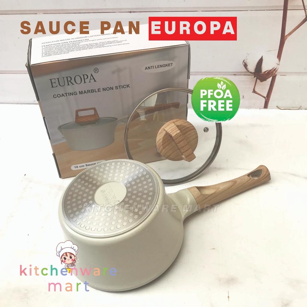 Sauce pan europa Keramik ceramic coating PFOA FREE EUROPA Sauce Marble 18 Cm Panci Susu Anti Lengket + Tutup Kaca - Cream saucepan panci susu keramik