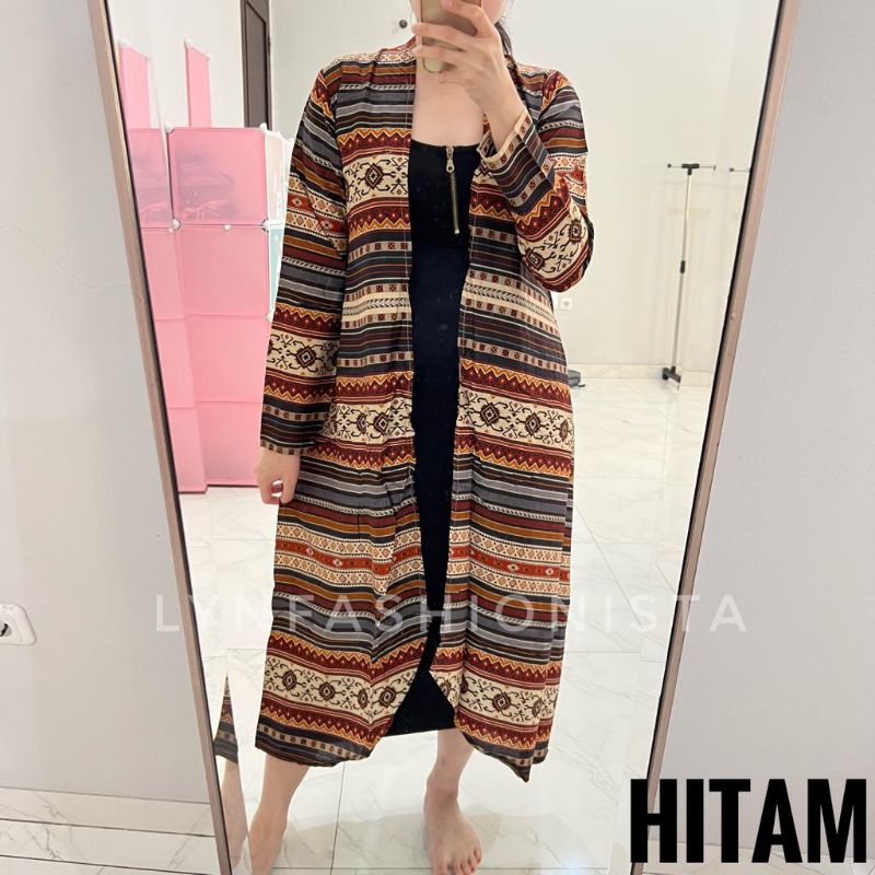 LYNFASHIONISTA-LONG OUTER  CARDIGAN MUSLIM WANITA BATIK TRIBAL RAYON ADEM/150