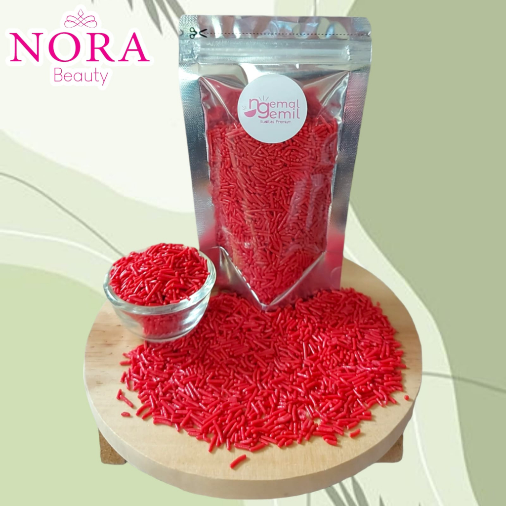 

Meses Cokelat Butiran Warna Merah Premium Kemasan Pouch Premium //murah