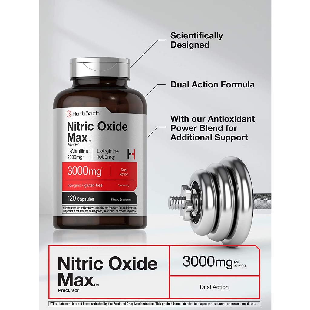 Horbaach Nitric Oxide Boost Dual Action L-Citrulline L-Arginine 120 Caps Fitness Non GMO