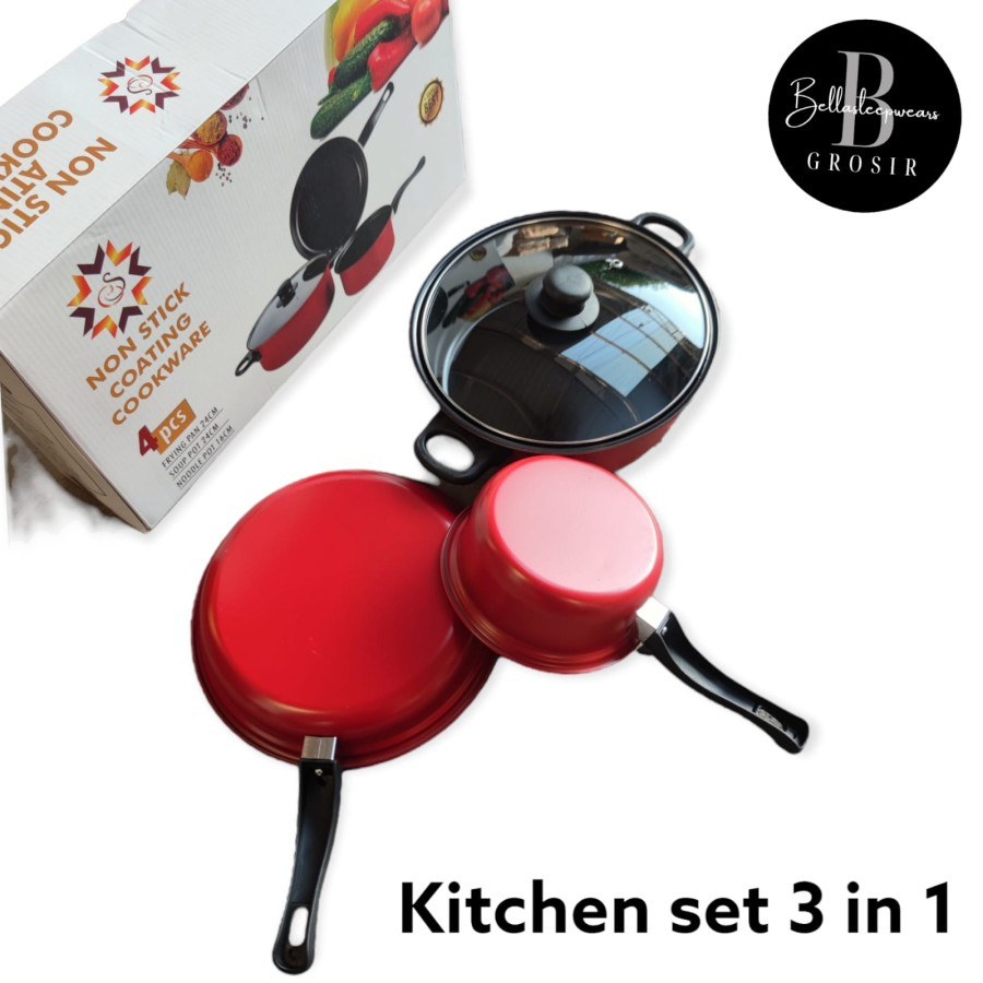 3IN1 COOKWARE SET PANCI SET TEFLON WAJAN TUTUP KACA GOLDEN RED 3IN1