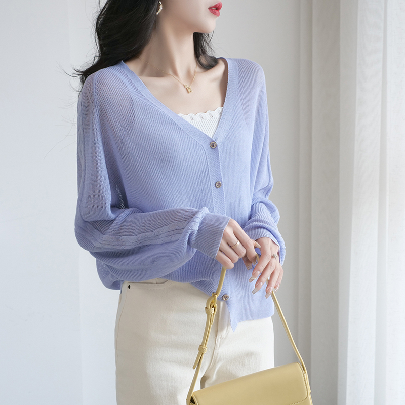 【Elegant】See Through V-neck Button Long Sleeved Cardigan 2097