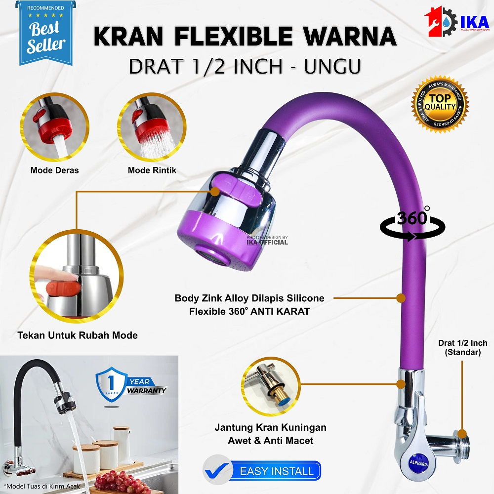 KRAN ANGSA FLEKSIBEL WARNA ENGKOL KRAN CUCI PIRING ROTASI 360° STAINLESS DAPUR WASTAFEL 1/2INCH