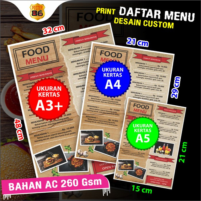 

PRINT PAKET 2 LEMBAR MENU UKURAN A4 CUSTOM KERTAS MENU plus potong bolak balik DUA MUKA 2 MUKA MURAH TAHAN LAMA