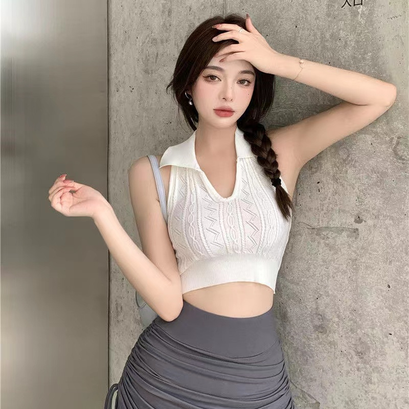 【Elegant】Solid Color Off Shoulder Halter Knitted Crop Tops  2110