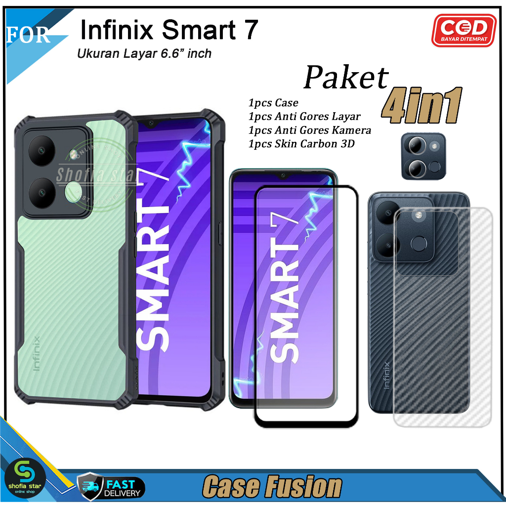 PAKET 4in1 Case Infinix Smart 7 Soft Case Fusion Shockproof Transparan Casing