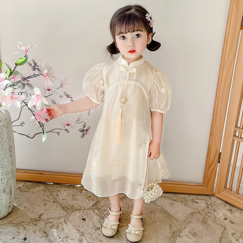 Dress Cheonsam Anak Perempuan Import Satin Bunga Mutiara BrokenWhite