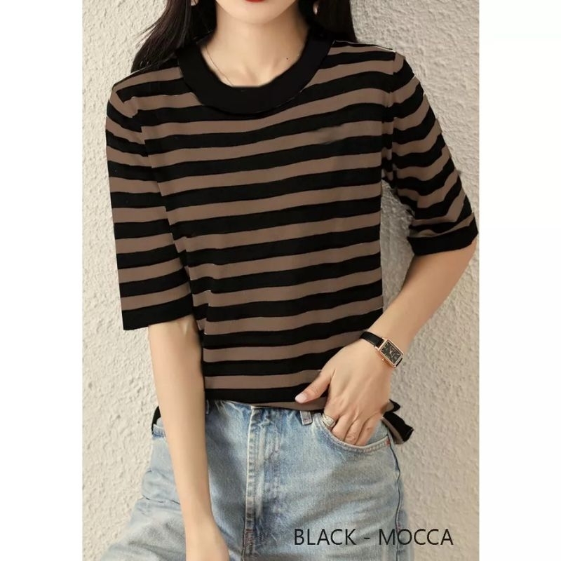 round neck stripe knit blouse