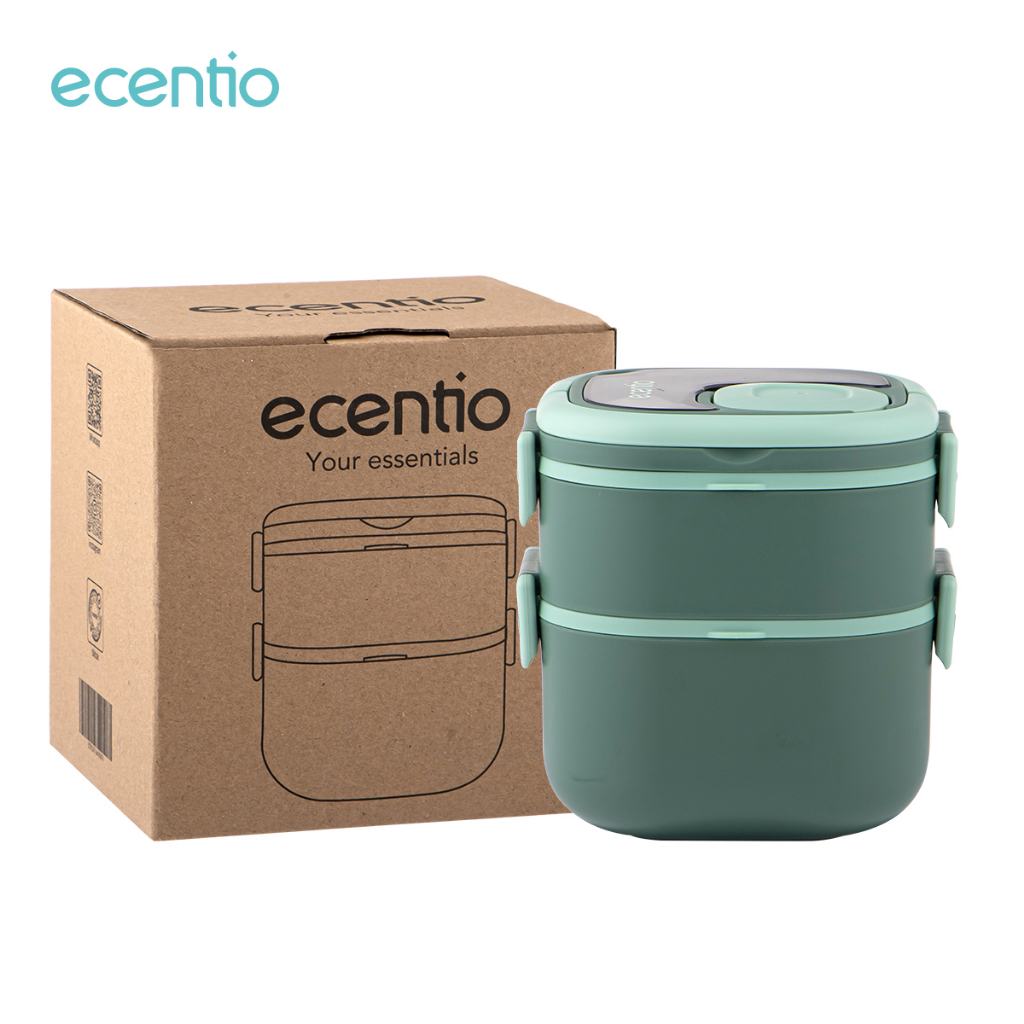 ecentio 2 susun Kotak Makan Dengan Sendok Gratis Anti Tumpah Rantang Susun Plastik Portable 1320ml BPA free