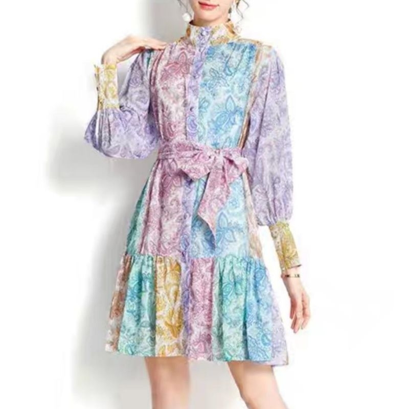 53500 Fashion baju autfit mini dress dres pendek lengan panjang pinggang tali warna warni lilac cant