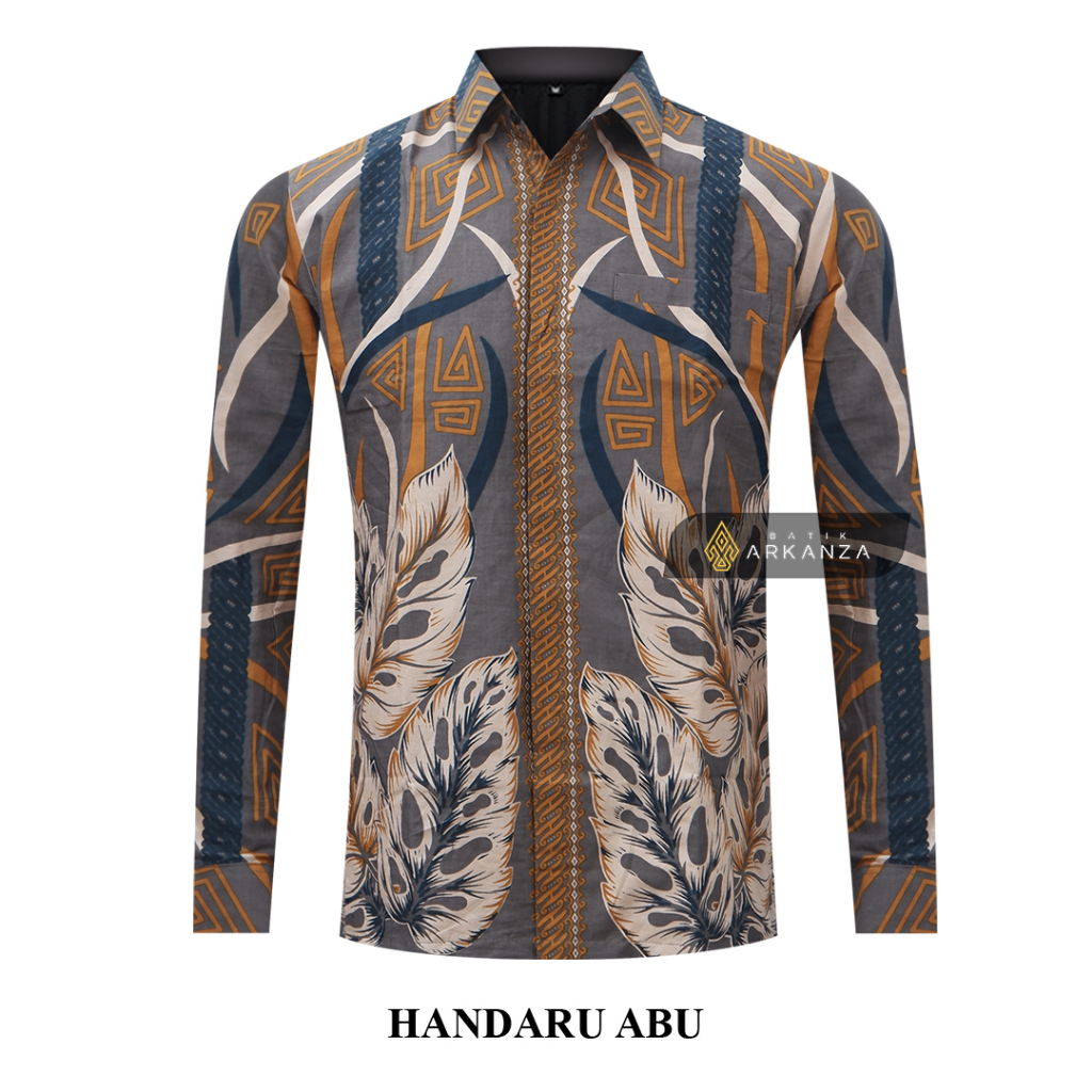 BATIK ARKANZA Motif HANDARU ABU Hem Atasan Kemeja Baju Batik Pria Cowok Laki Laki Slimfit Full Lapis Furing Lengan Panjang Lengan Pendek Original Asli