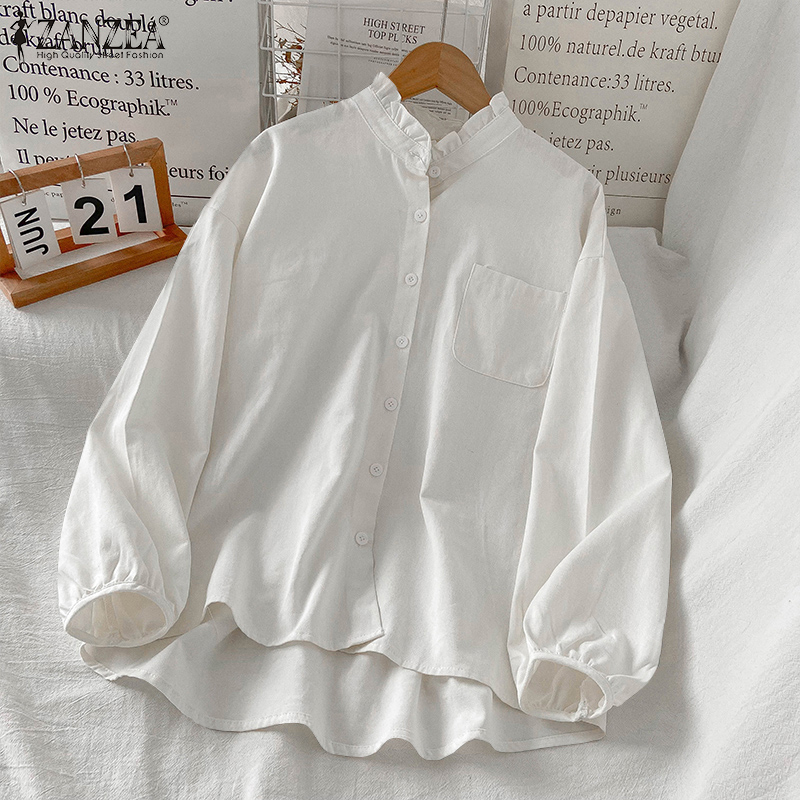 ZANZEA Women's Daily Simple Casual  Straight Ruffle Collar Plain Button-up Comfy Cotton Blouse