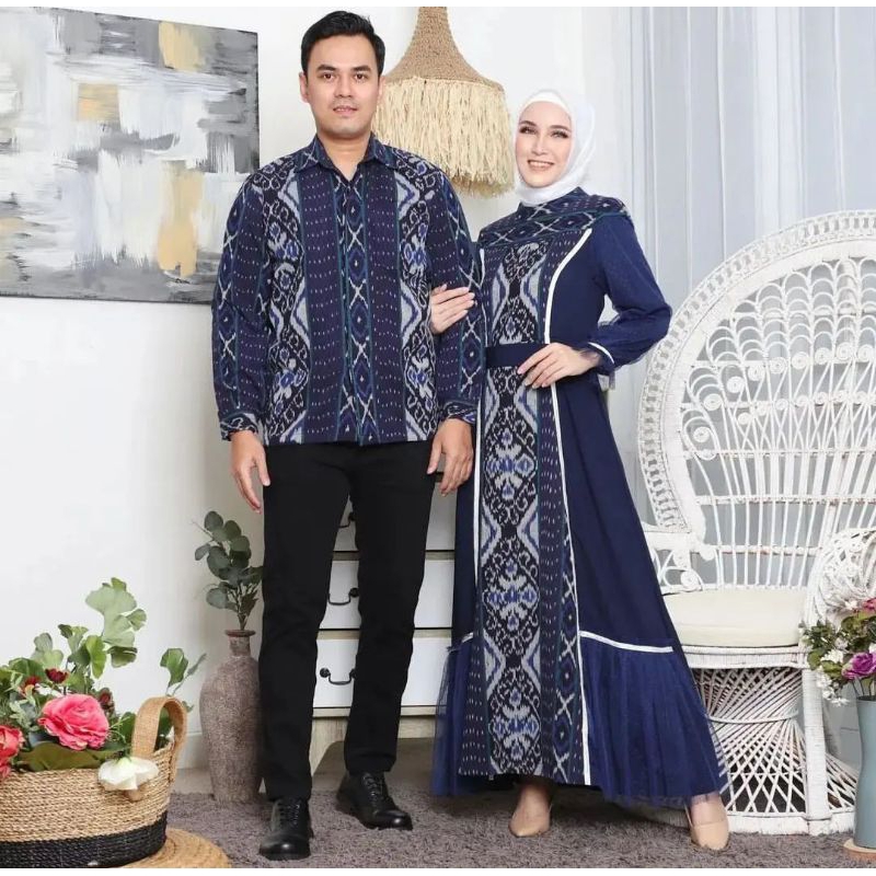 Set Couple Kemeja Tenun Pria Lengan Panjang / Gamis Tenun Kombinasi Wanita Tenun Blanket Etnik Jepara Baju Muslimah Katun Biru