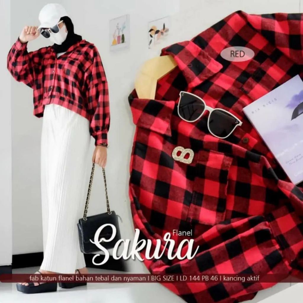 Atasan Wanita Outer Kemeja Flanel Lengan Balon Model Crop Cewek Perempuan Motif Terbaru