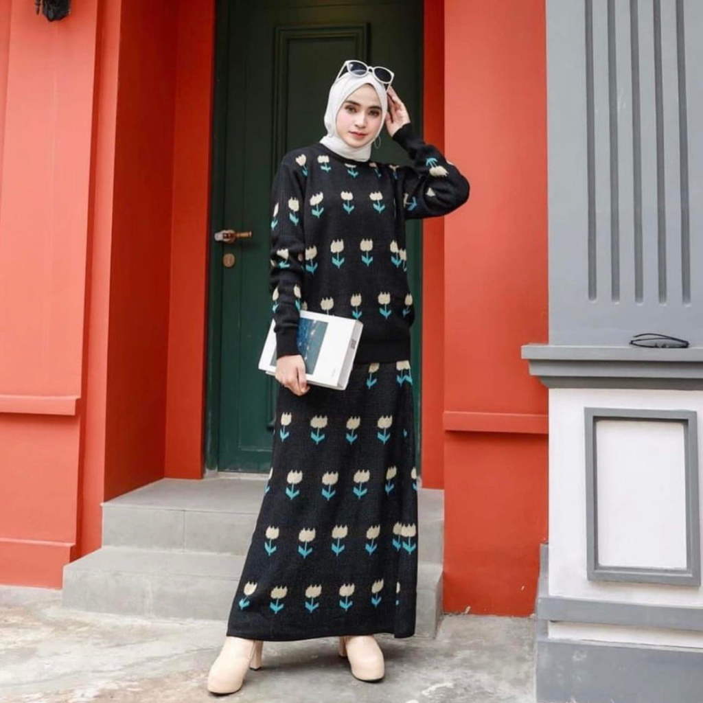 ELEYA ONE SET SKIRT | SETELAN ROK MOTIF BUNGA TULIP