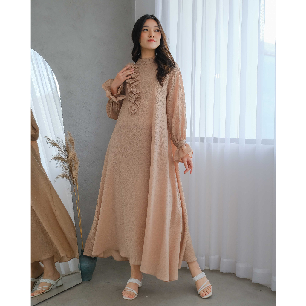 Mayoutfit Vezy Mididress | Dress Gamis Flowy Frill Kerut-Chocomilk