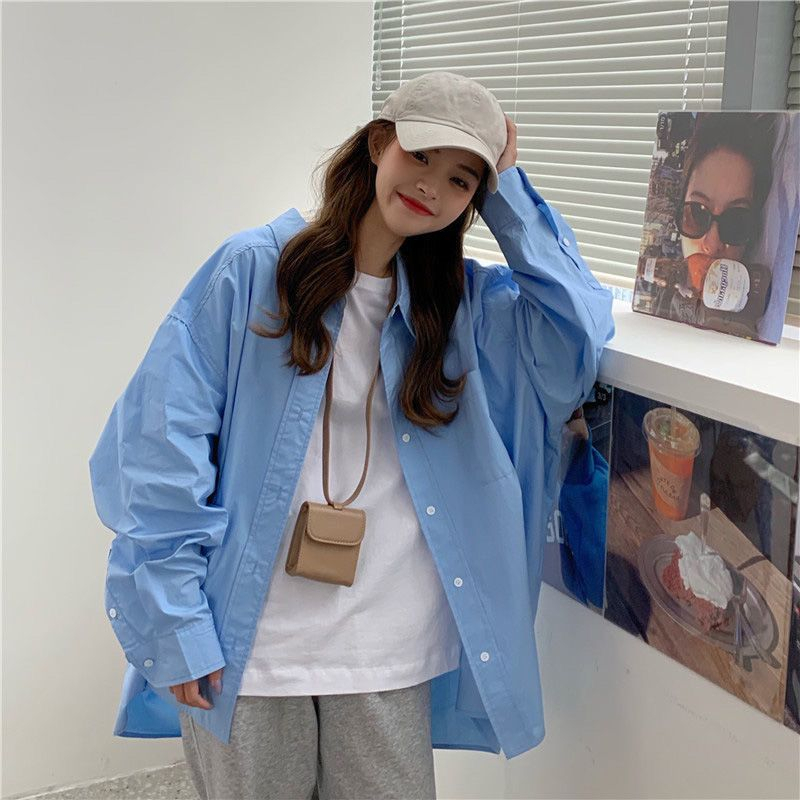 Kemeja Korea Wanita Plos Shirts Lengan Panjang Polos Casual Blouse