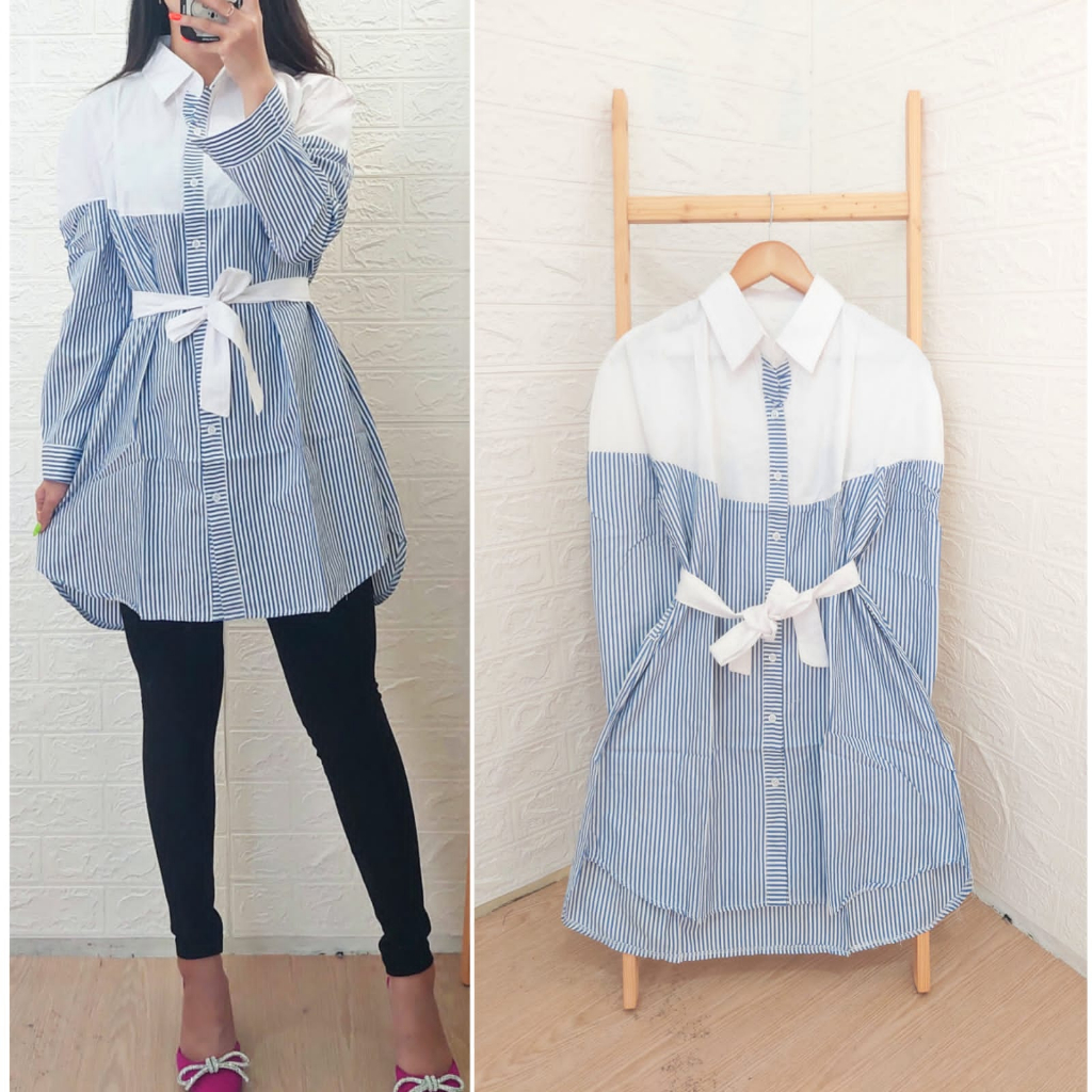 KEMEJA TUNIK KOMBINASI BURBERY DAN SALUR BIRU TALI PITA DI PINGGANG