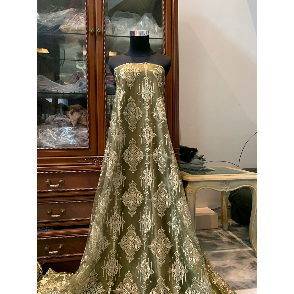 Bahan Kain Brokat Tile Bordir Etnik Keraton Diamond Warna Army Olive