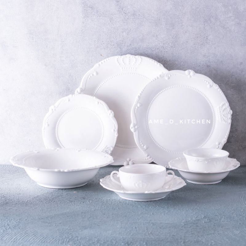 Perlengkapan makan piring mangkok keramik putih set isi 8 pcs crown series