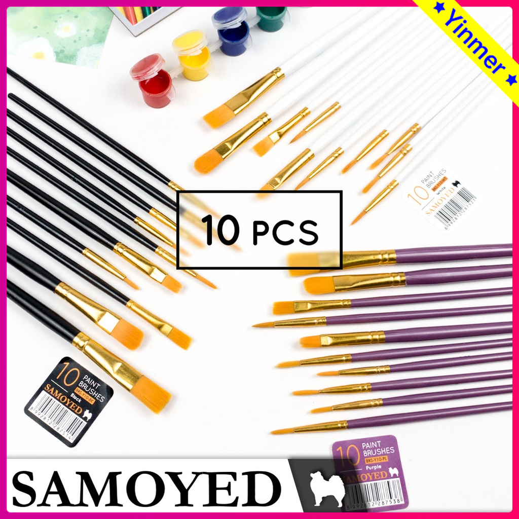 COD✨10 Pcs/Set Paint Brush Kuas Tip Kepala Bulat Nylon Hair Watercolor Acrylic Wooden Handle Painting Brushes Art Supplies Kuas Lukis Air /Akrilik/Minyak/ Nilon /Watercolour /Crylic/Oil Paint /Nylon/Round Flat Untuk Alat Tulis-Yimer