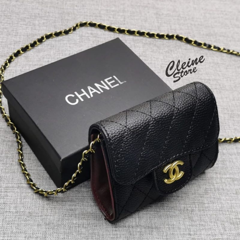 Sling Bag Wanita Chanel Mini Leather Black Gold With Box
