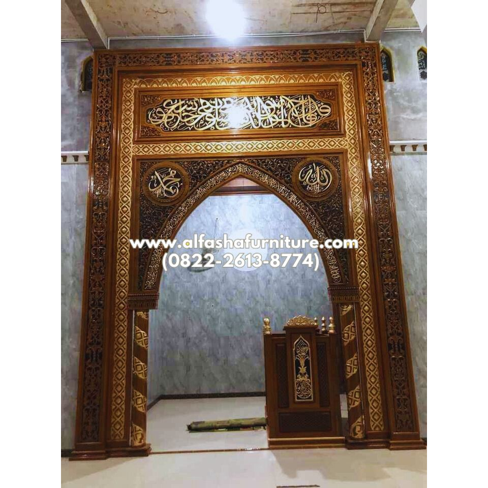 Jual mihrab masjid kayu jati ukir kaligrafi