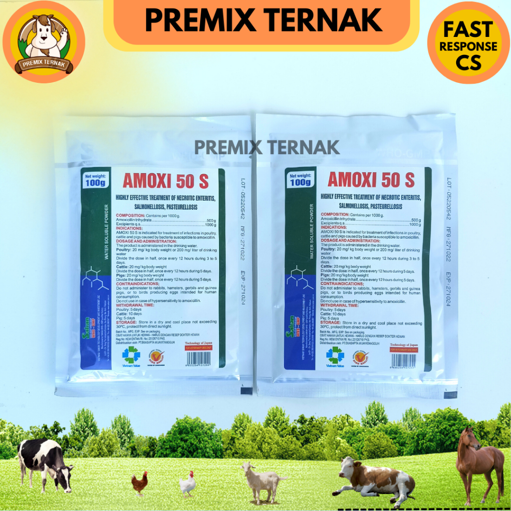 AMOXI 50 S 100gr - Obat Ampuh untuk Pencernaan Ayam Sapi Babi Joss - Like Amoxitin